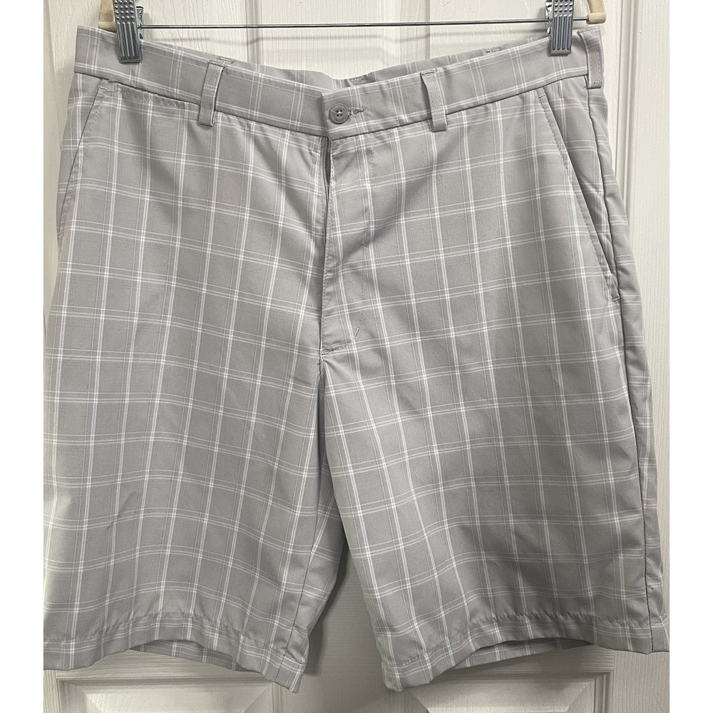Pga Tour Mens Golf Shorts Gray White Plaid Flat Front Pockets Polyester‎ Sz. 34